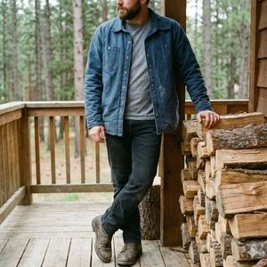 LL Bean Katahdin Iron Works Chore Jacket Mens Large Navy Blue Fleece Lined Barn